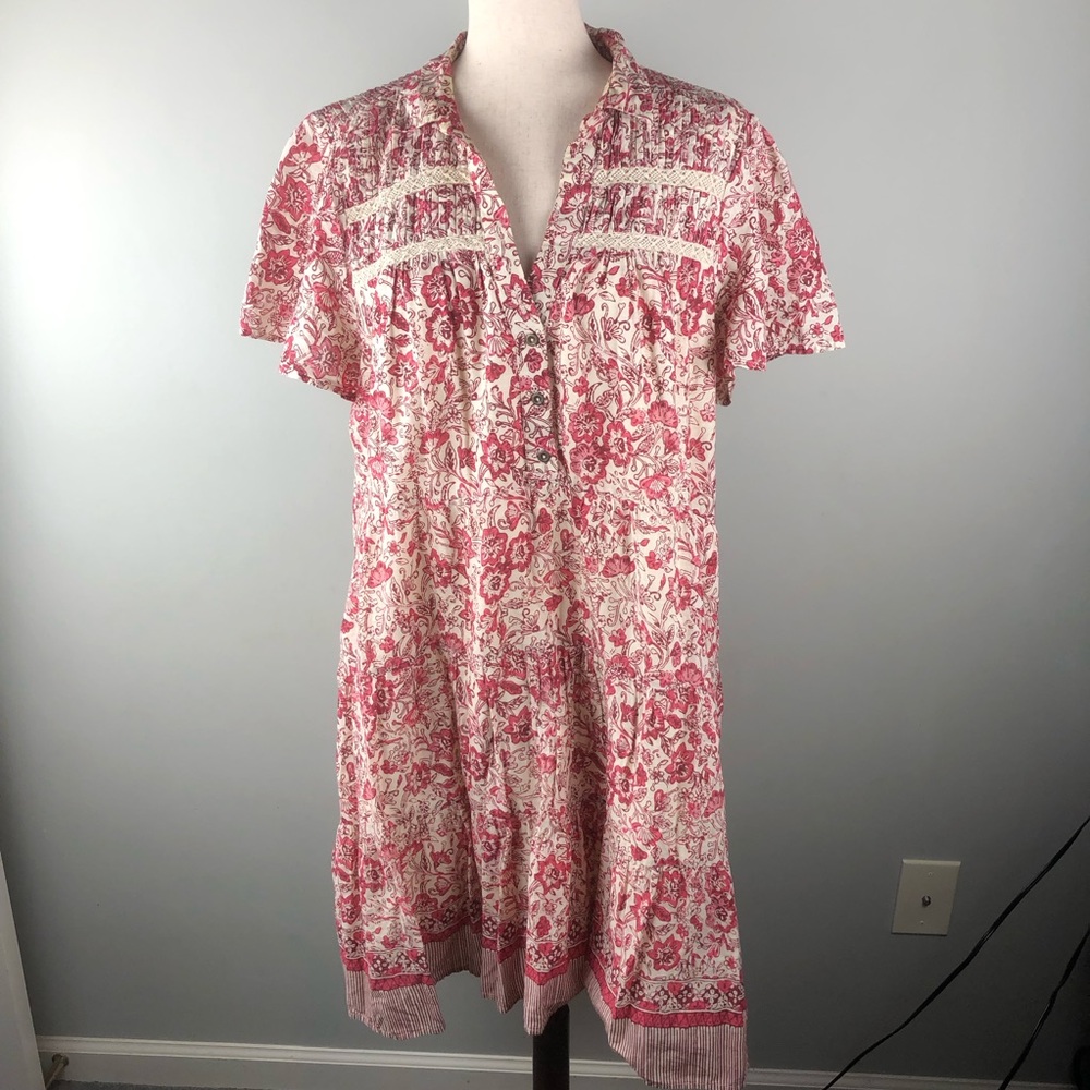 Anthropologie Pink Floral XL Pleated Crochet Lined Tunic Dress